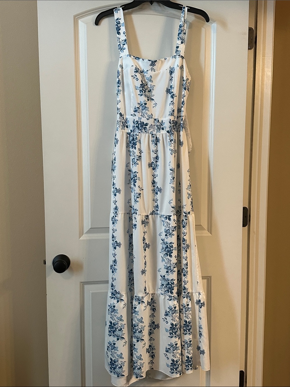 White and Blue Floral Tiered Maxi Dress - Women's Summer Dress